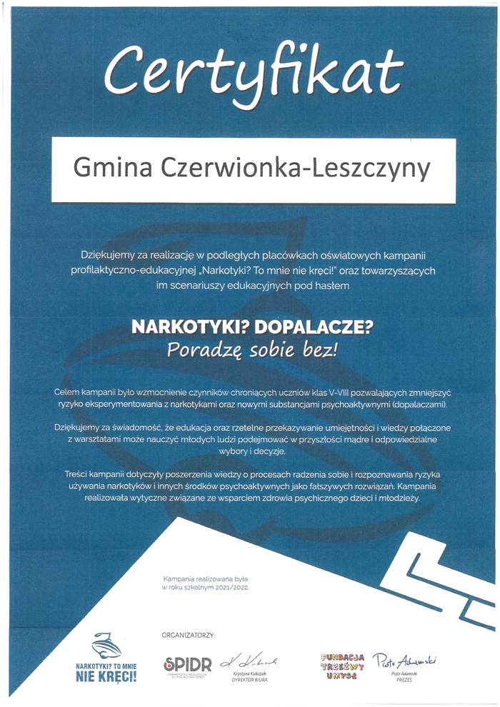 Certykat dla Gminy Czerwionka-Leszczyny