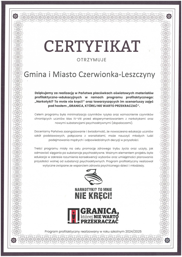 Certyfikat dla Gminy i Miasta Czerwionka-Leszczyny