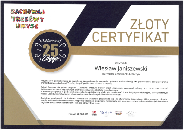Złoty Certyfikat - Zachowaj Trzeźwy Umysł 2024/2025